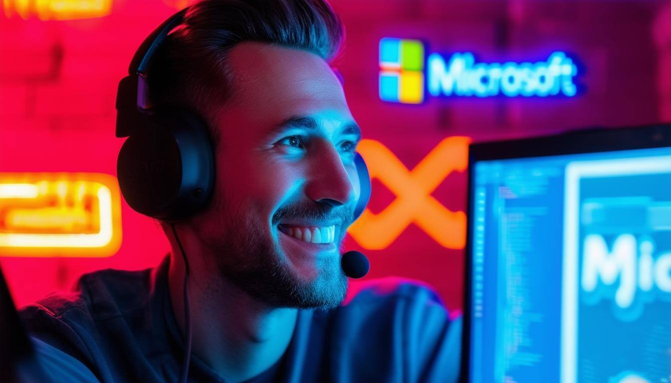 A customer service agent, looking happy and satisfaction look on his face, wearing the headphones and computer screen before him