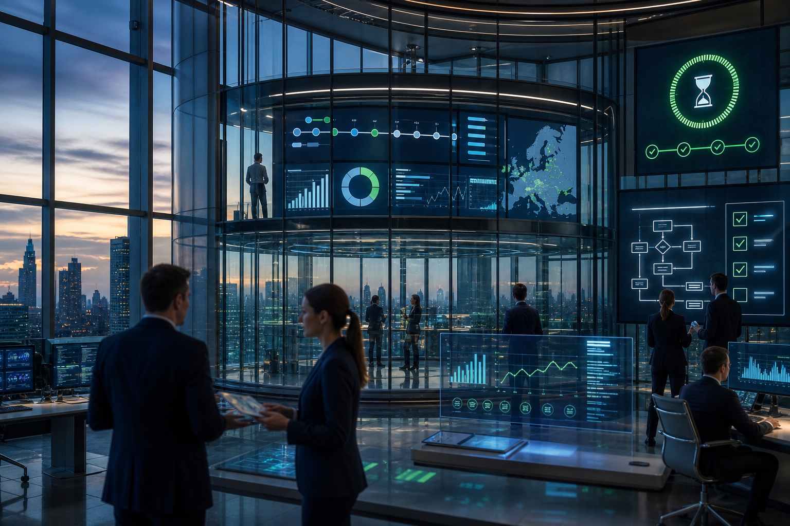 AI Control Tower at Futuristic City with Compliance Timelines