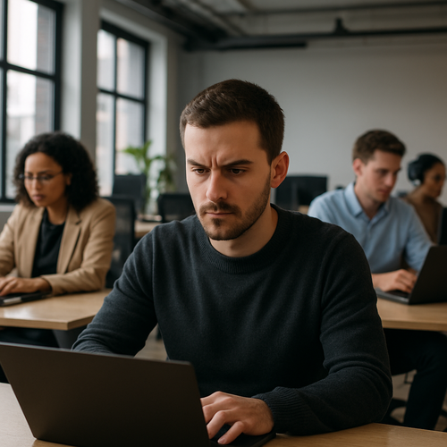 Serious working tech employee  show more depth and more people doing their own work around him  give me a wider shot and not a closeup-1